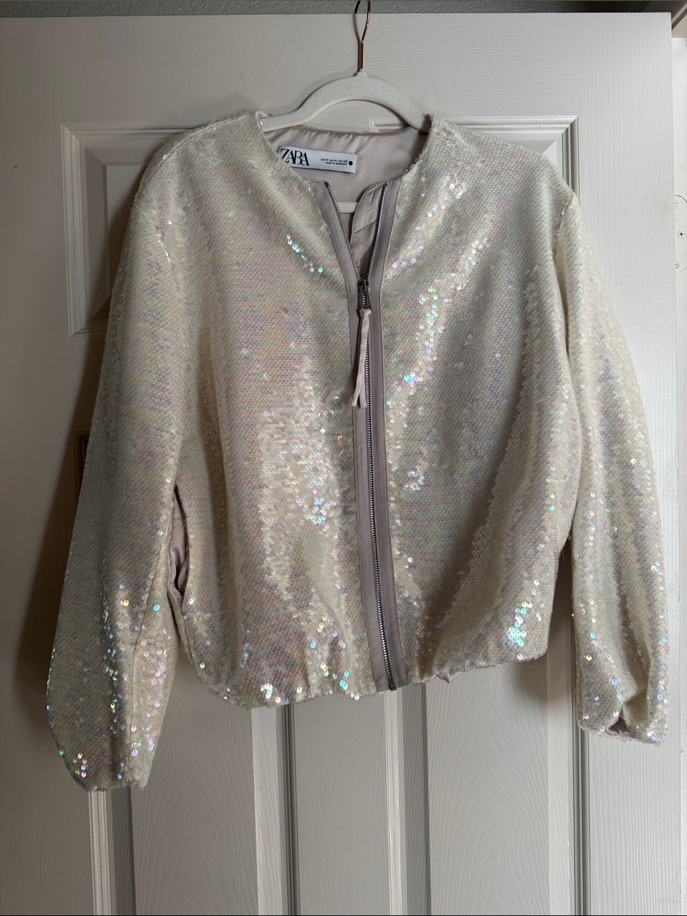 ZARA Iridescent Cream Sequin Bomber Jacket